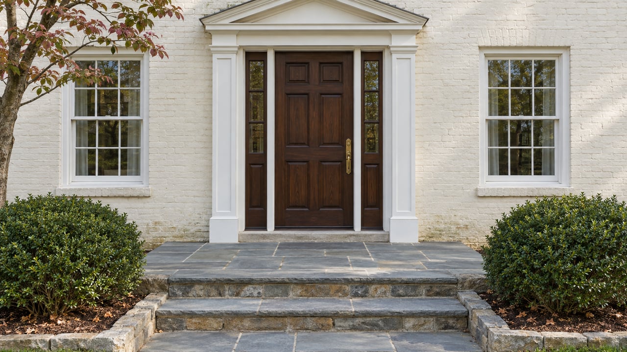 Cream painted-brick home entrance with a walnut door, paired sash windows, blue-gray slate steps and clipped inkberry shrubs.