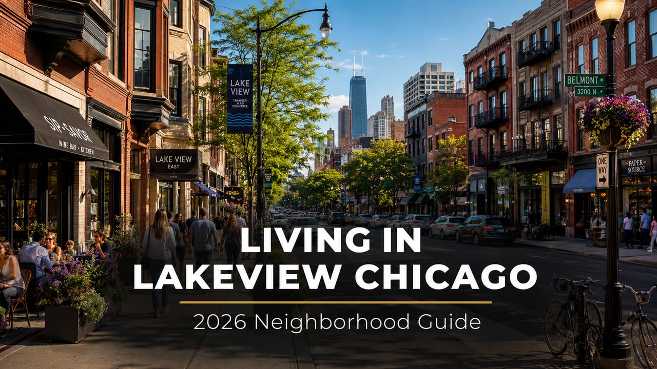 Tree-lined residential street in Lakeview Chicago with classic brick homes on a sunny spring day