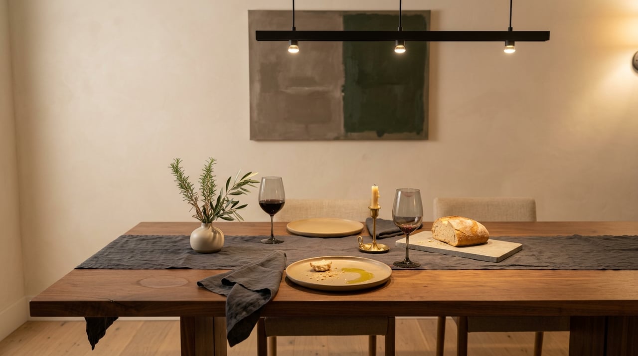 Walnut dining table with linen chairs, wineglasses, bread, and a pendant-lit abstract painting.
