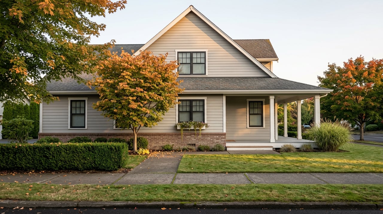 Two-story dove-gray gabled home with a white porch, deep lawn, clipped hedge, and an apricot-leaved tree.