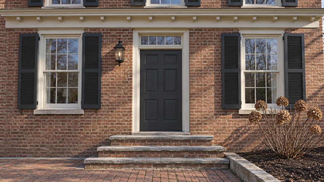 Winter sunlight on a brick home's charcoal front door, shuttered windows, worn stone steps, and a dormant oakleaf hydrangea.