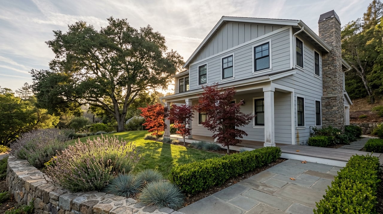 Gray, gabled two-story home behind a flagstone walkway, with a broad oak canopy and garden.