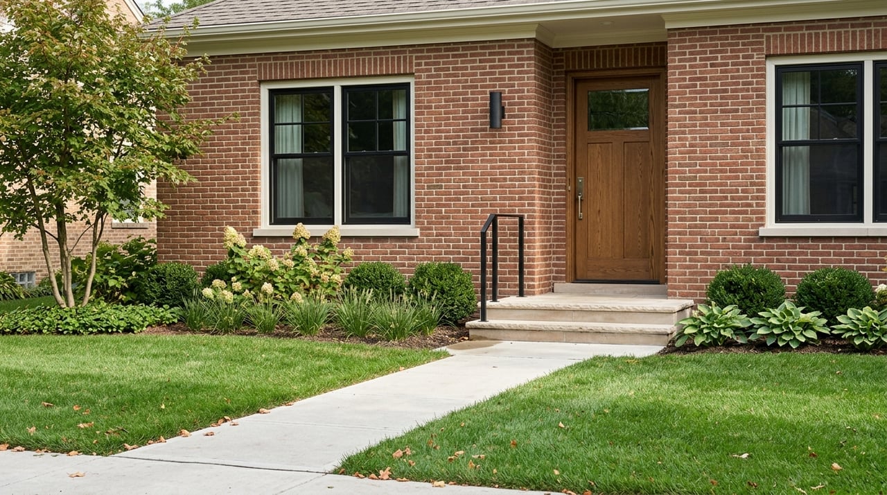 Brick front entry with worn limestone, crisp modern windows and door, and curated suburban planting.