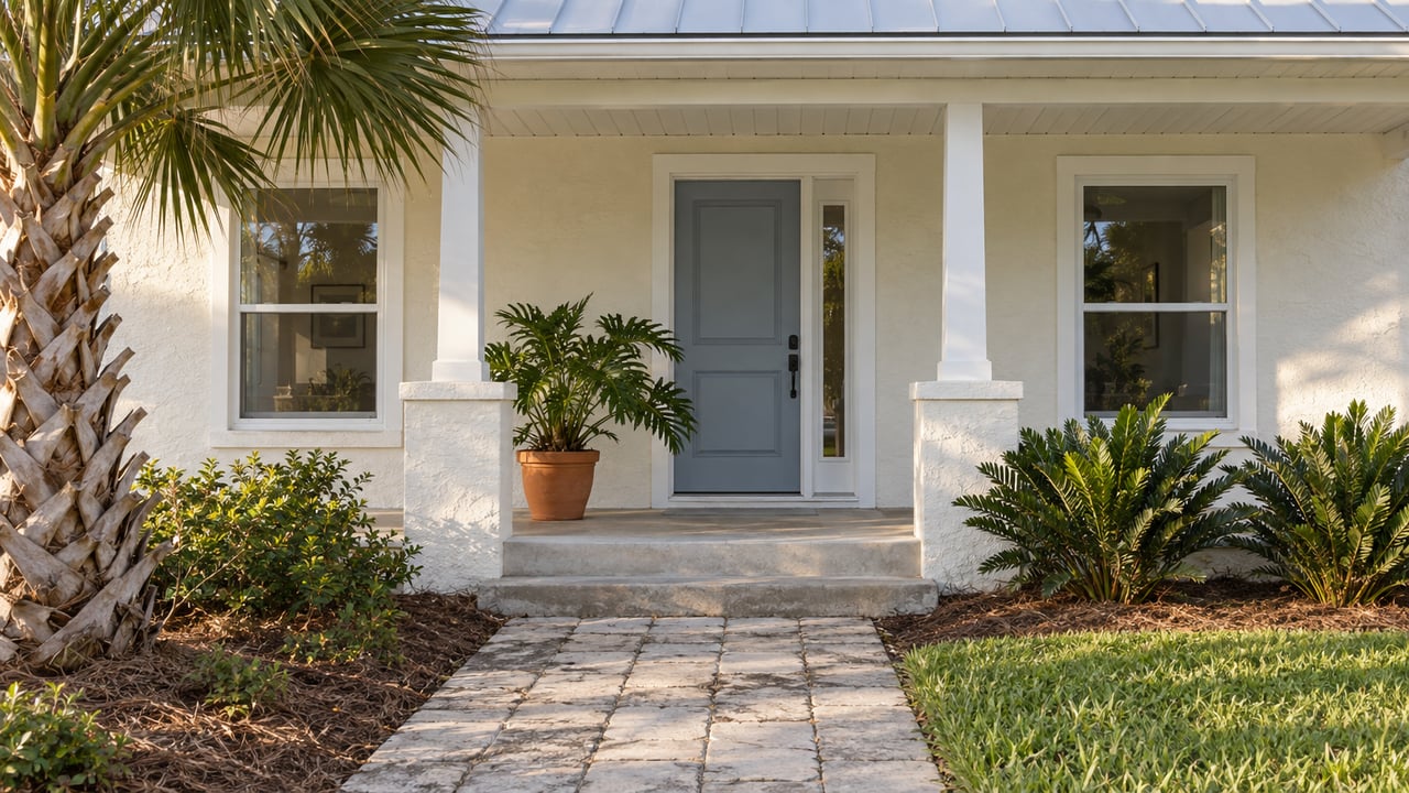 Ivory stucco home with a blue-gray front door, shaded porch, paver path, and a palm at the left edge.