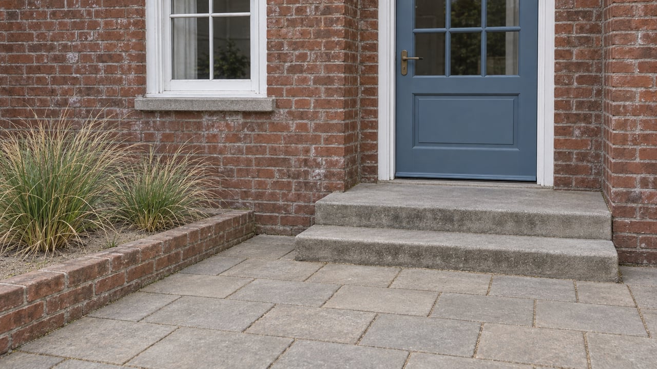 A muted blue glazed door and white-trimmed window in weathered brick above gray concrete steps and a sandy-gray paved entrance court, with two clumps of beach grass in a raised brick planter.