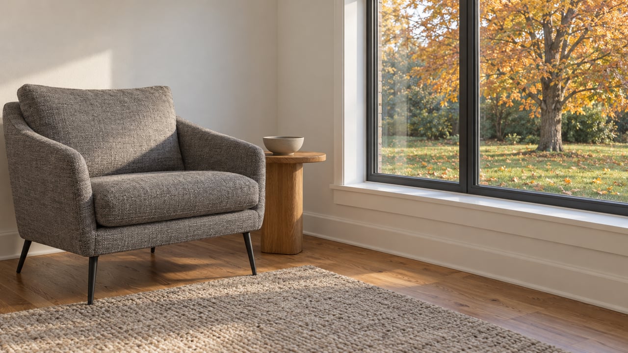Gray woven lounge chair and oak side table beside a large closed window overlooking an amber sugar maple and lawn.