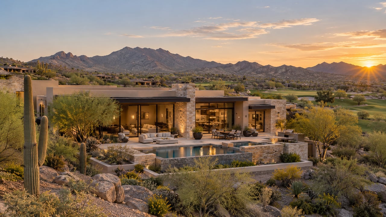 Luxury desert home with an infinity pool, golf course, and mountains at sunset.