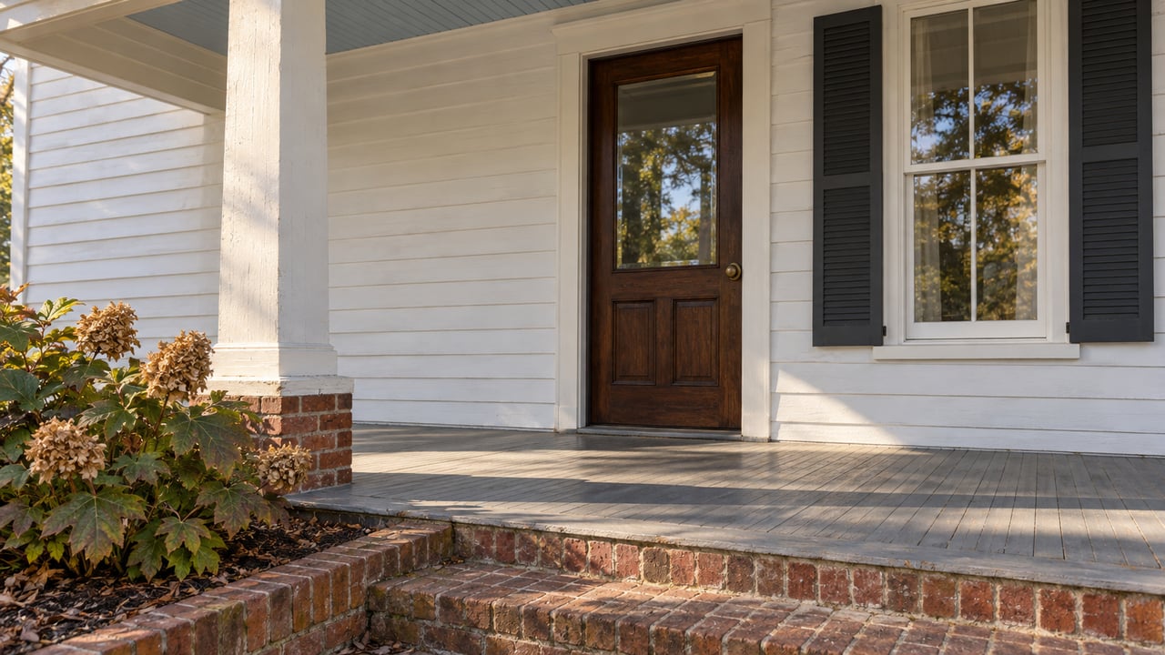 Morning light across a white clapboard porch, cypress entry door, tall shuttered window and worn brick steps beside oakleaf hydrangea.