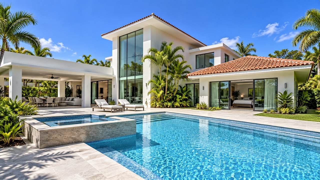 Modern white home with glass walls, a turquoise pool, raised spa, and covered outdoor lounge.