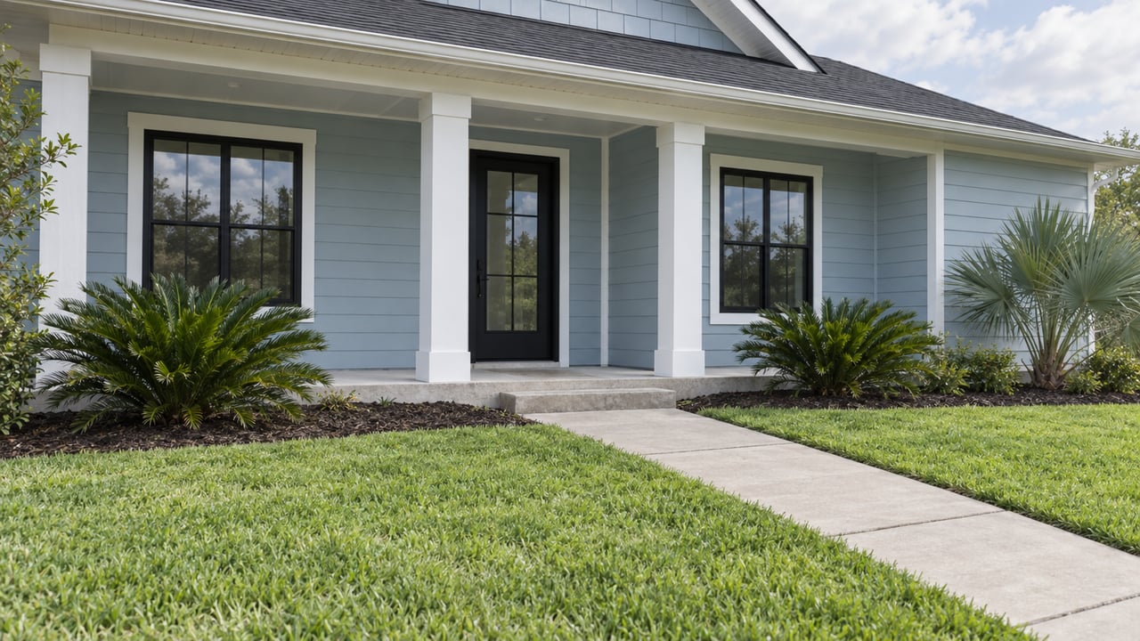 Pale blue suburban house with a covered entry, concrete walk, lawn, and three foundation plantings.