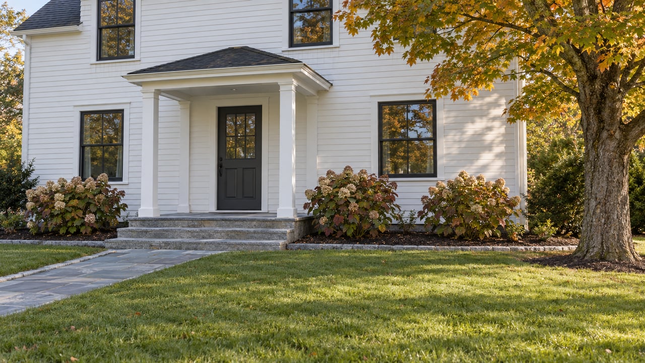 White clapboard home with black-framed windows, a covered entry and granite steps beyond a broad lawn, with an amber-leaved maple at the right.