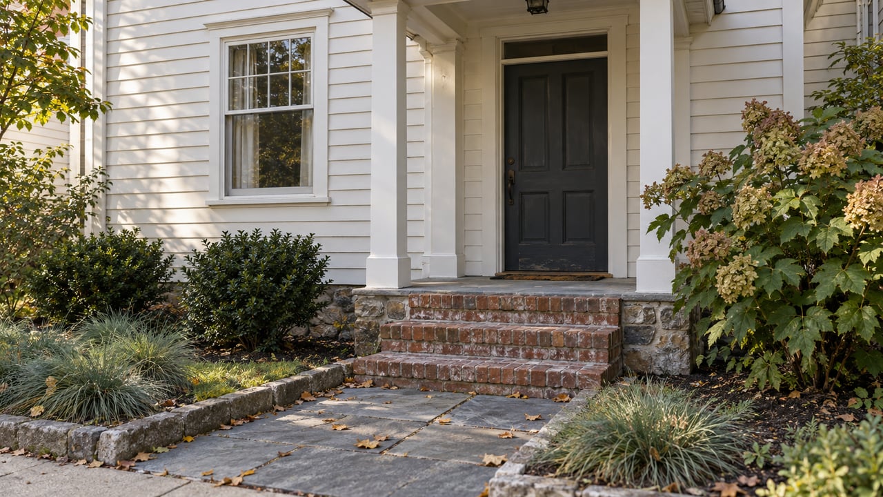 Older off-white clapboard house with a charcoal door, brick steps, and narrow planted garden beds.