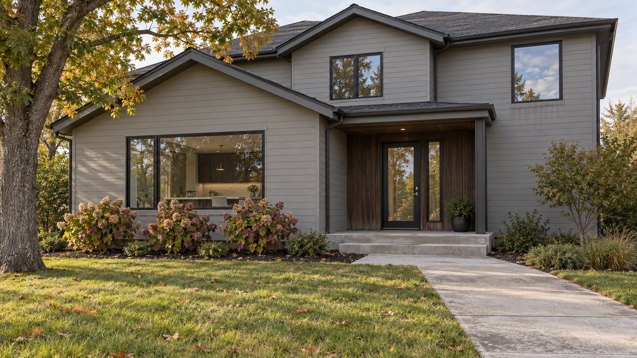 Contemporary two-story home with gray siding, a recessed wood entry, and a broad autumn lawn beneath a mature oak.