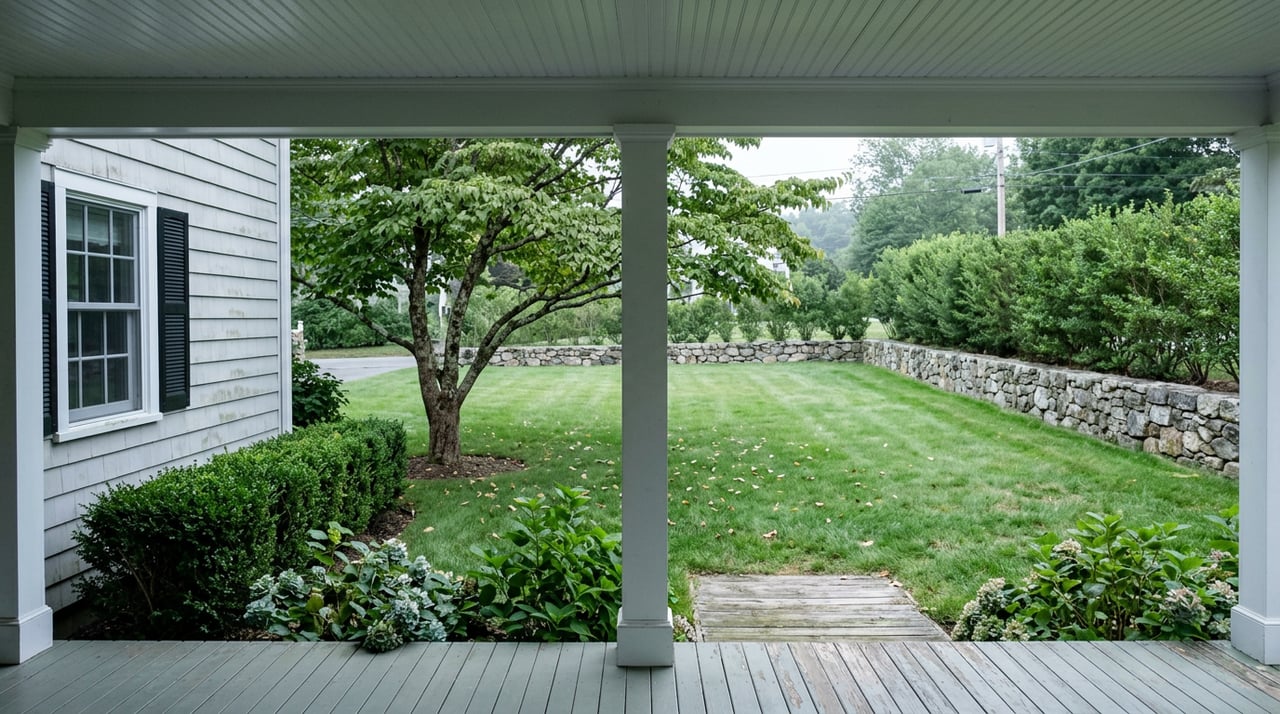 Covered porch overlooking a deep lawn, with a dogwood tree and low fieldstone wall.