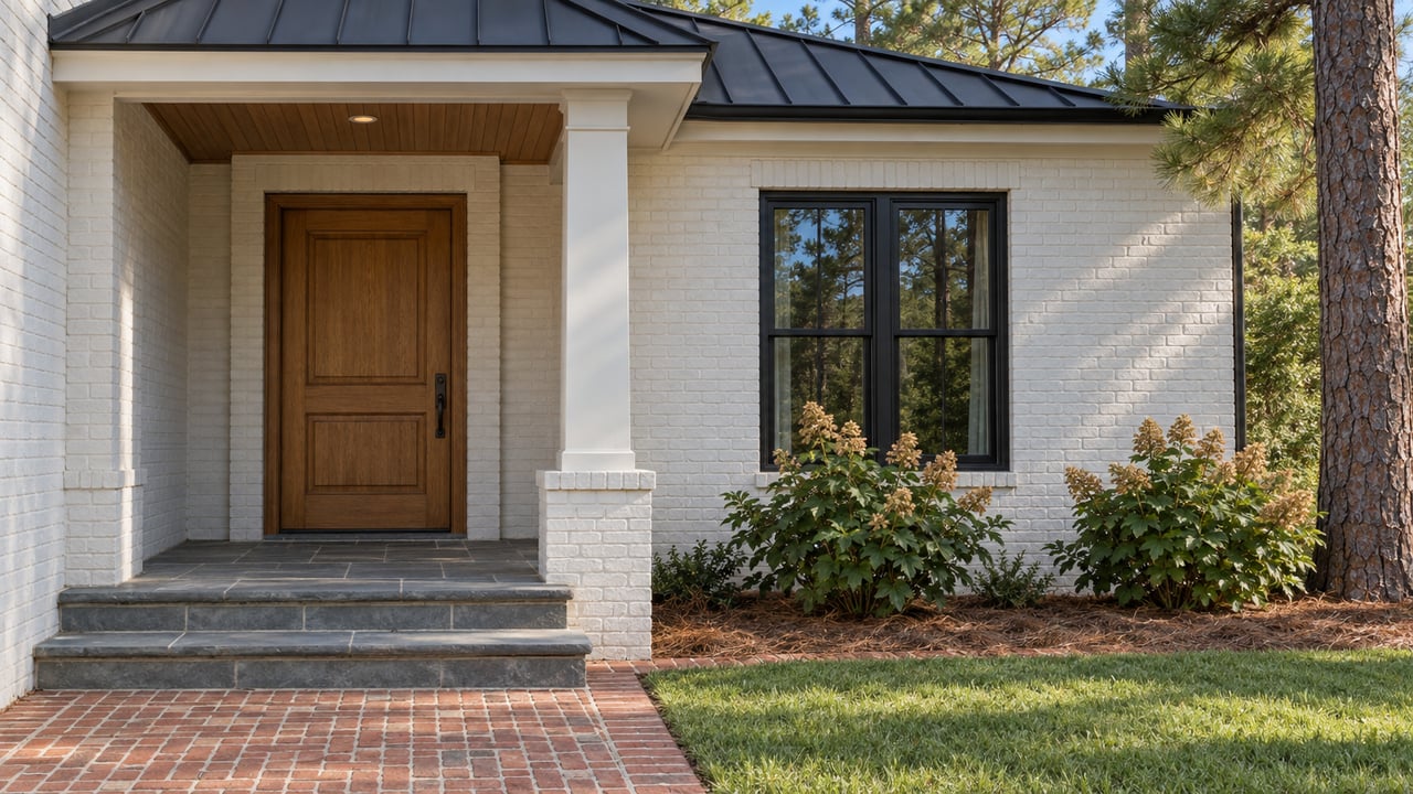 White-painted brick home with a sheltered oak front door, black-framed window, flagstone steps, and a brick walk beside oakleaf hydrangeas and a mature longleaf pine.