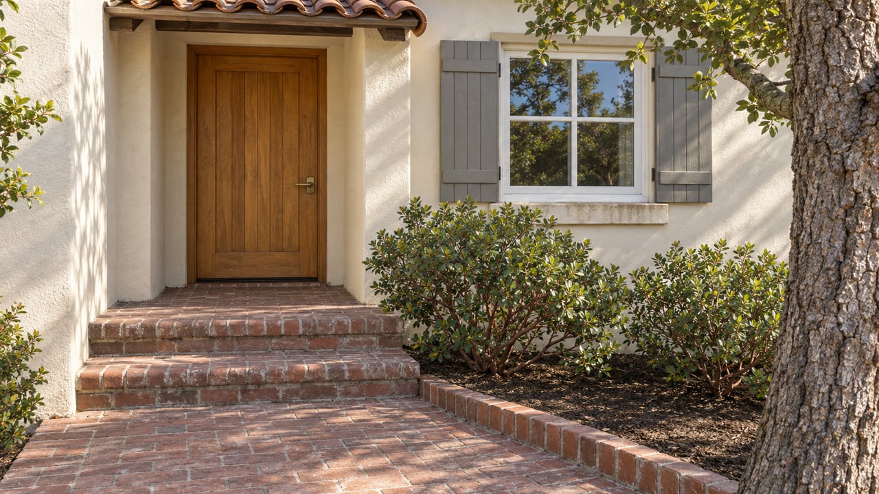 Sunlit ivory stucco entry with an oak door, paired window shutters, worn brick steps and manzanita beside an oak trunk.
