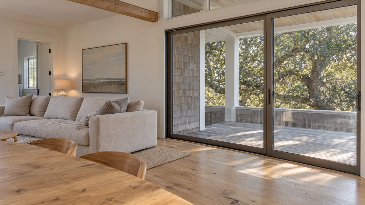 Living room with oak floors and a linen sofa, opening onto a covered porch beneath a live oak tree.