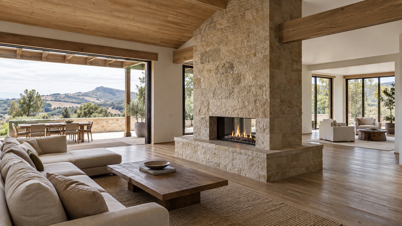 A layered architectural view shows how a distinctive indoor feature connects with the main living area and adjoining outdoor space.