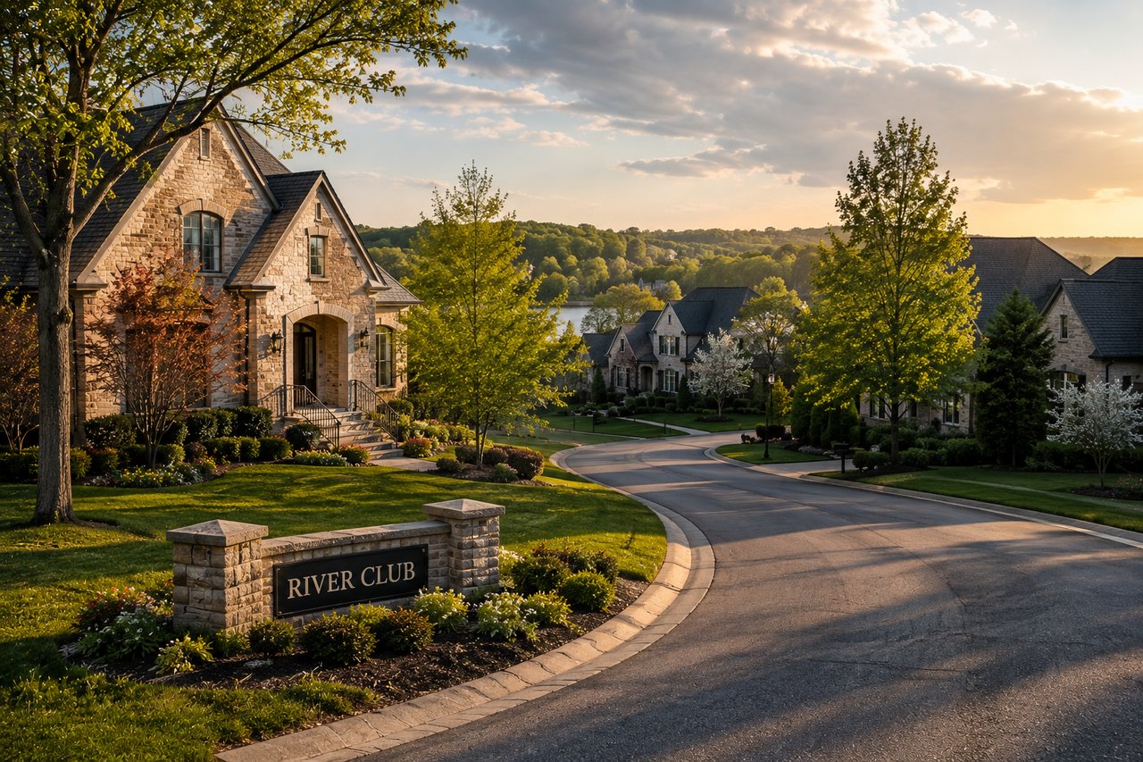 Luxury homes in River Club near Knoxville, Tennessee, featuring elegant architecture, manicured landscaping, tree-lined streets, and scenic waterfront surroundings.