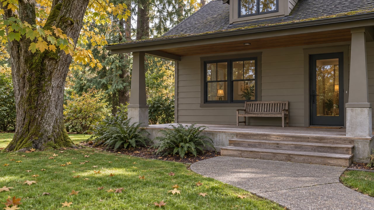 An established gray Craftsman home with a cedar side porch beside a mature autumn maple and wooded garden.