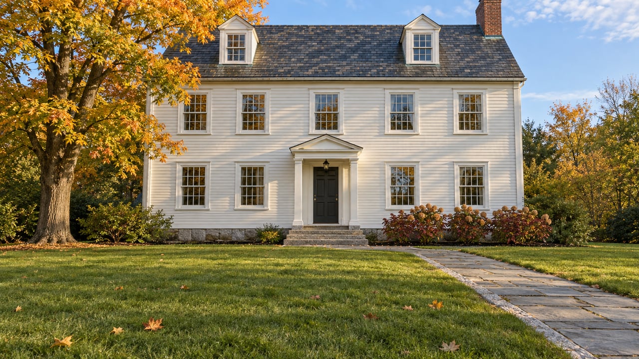 White clapboard house with a slate roof, broad front lawn, bluestone approach and an amber-leaved maple in autumn light.