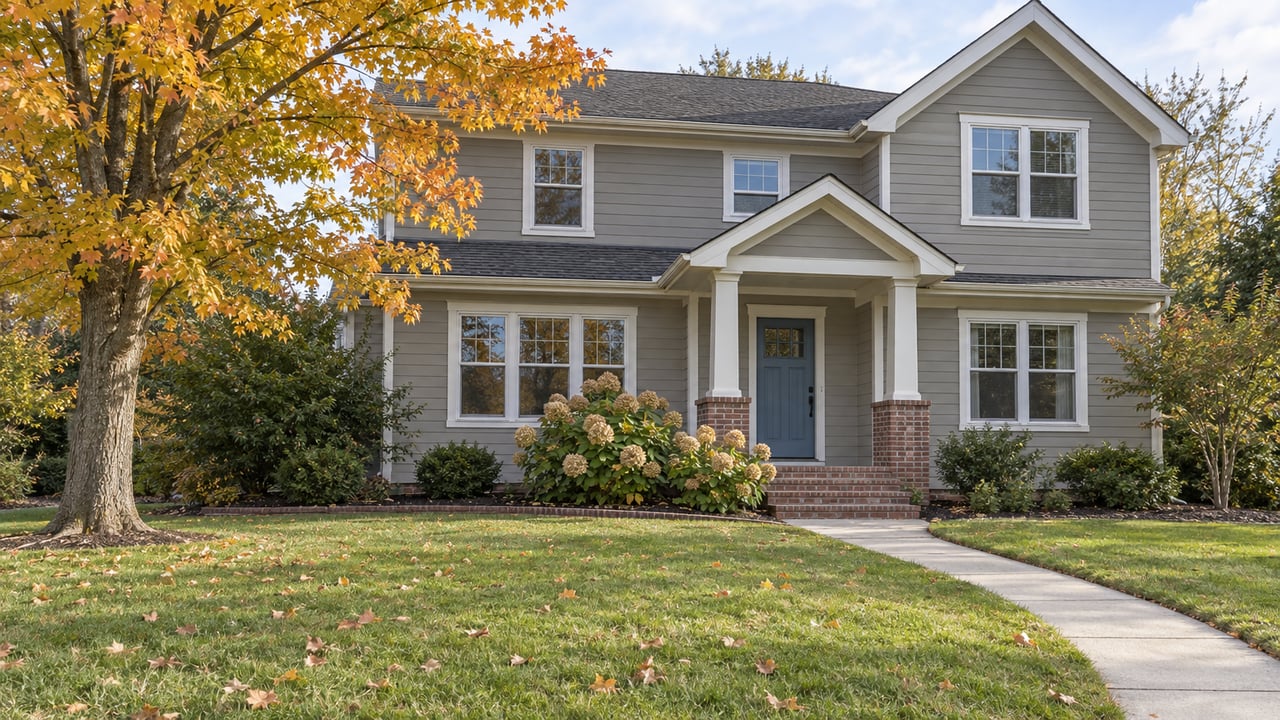 Autumn light on a gray-sided two-story home with a broad lawn, brick porch steps and an orange-leaved maple.