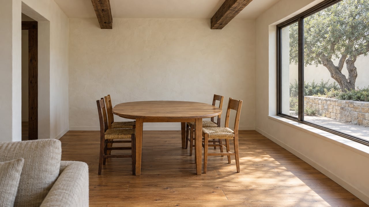 Warm plaster dining room with exposed timber beams, an oak table and four chairs, and a closed window overlooking a stone terrace and oak tree.