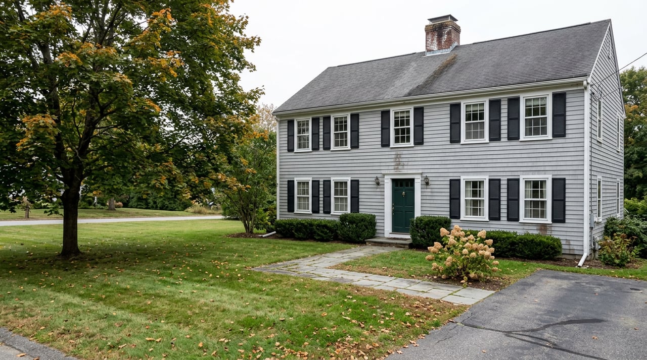 Gray clapboard Colonial with a green front door, black shutters, and a maple tree beside the lawn.