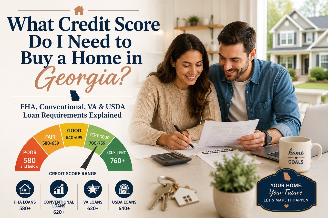 Georgia homebuyers reviewing credit score requirements for FHA, VA, USDA, and conventional mortgage loans.
