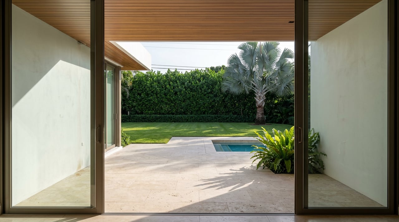 Open glass doors frame a stone terrace, turquoise pool edge, broad lawn, clipped hedge, and silver-blue fan palm.