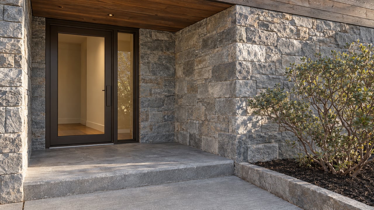 Recessed glass entrance beneath a timber overhang, with gray stone walls, a worn stone step and a sculptural mountain mahogany shrub.