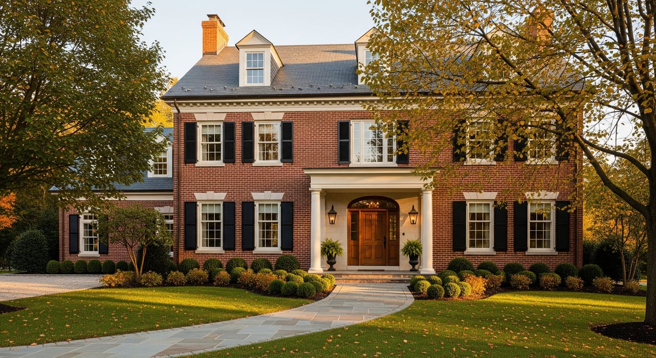 Red-brick colonial house with black shutters, a white-columned entrance, and a curved walkway.