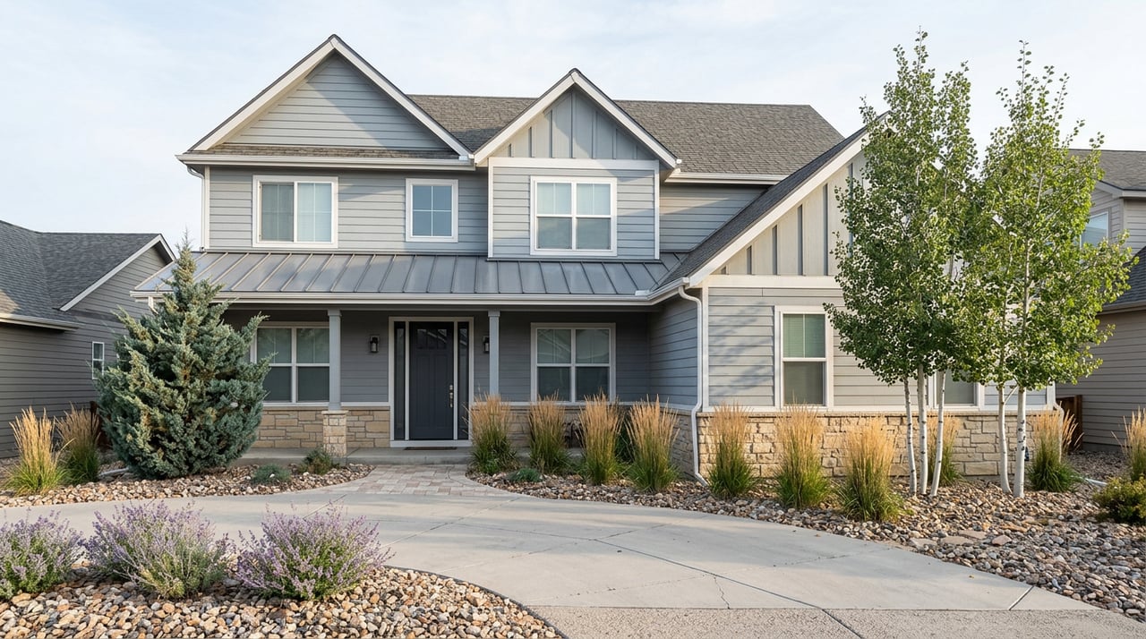 Two-story gray home with a stone base, metal entry roof, concrete driveway, and rock-mulch landscaping.