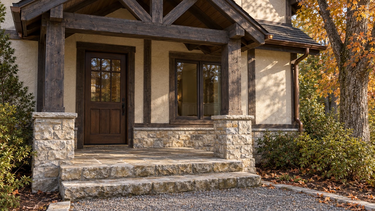 Autumn light grazes a timber-gabled cottage entrance with limestone steps, ivory stucco and an amber sugar maple.