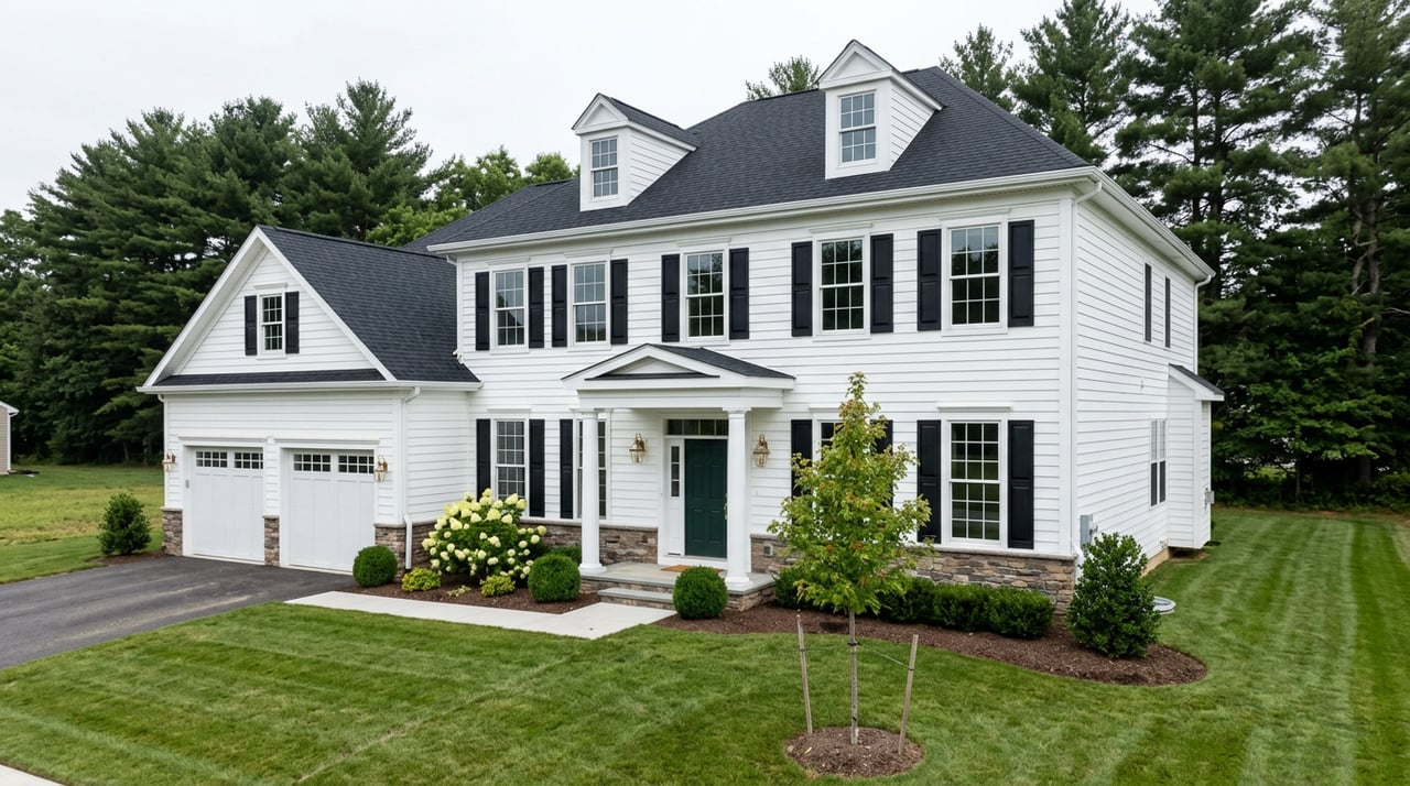 New white colonial house with a columned entry, two-car garage, fresh lawn, and staked young maple.