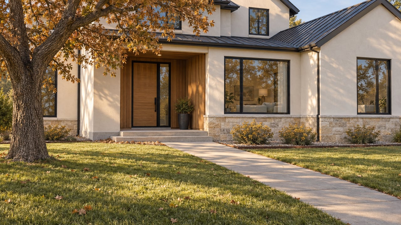 Autumn lawn and a concrete walk lead to a cream-stucco home with cedar entry, black-framed windows and a mature oak.