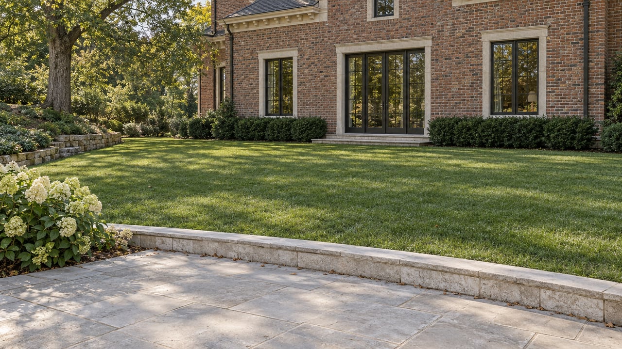 Brick estate with limestone terrace, broad lawn, and mature oak on a planted bank.
