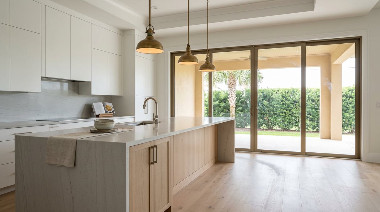 Kitchen with pale quartz island, brass pendants, and sliding doors framing a palm and hedge.