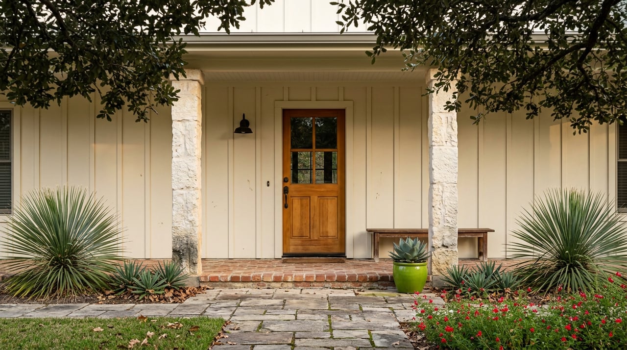 Covered porch with limestone columns, a cedar door, stone walk, and live oak canopy overhead.