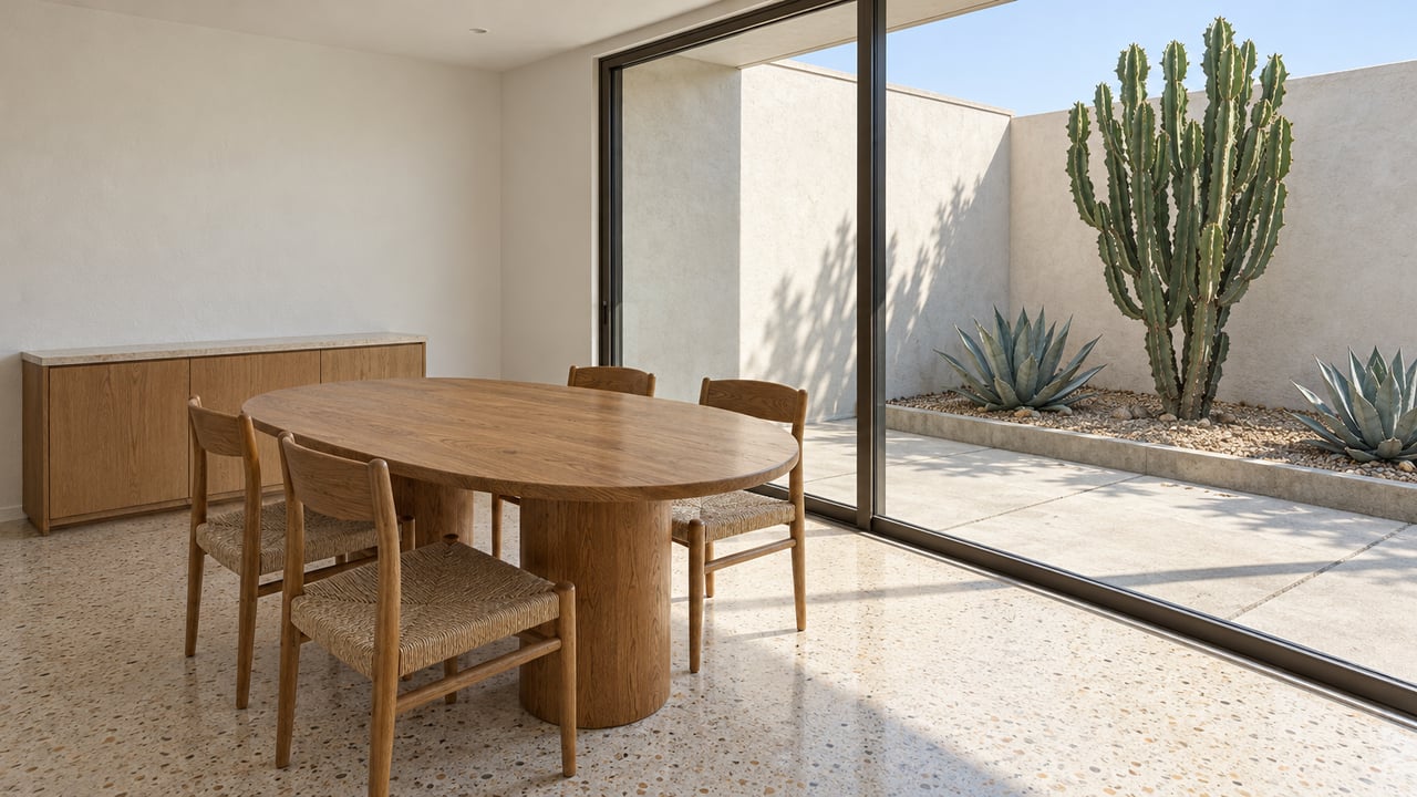 Sunlit dining room with an oval oak table, four woven-seat chairs, terrazzo flooring and glass doors opening visually onto a walled cactus courtyard.