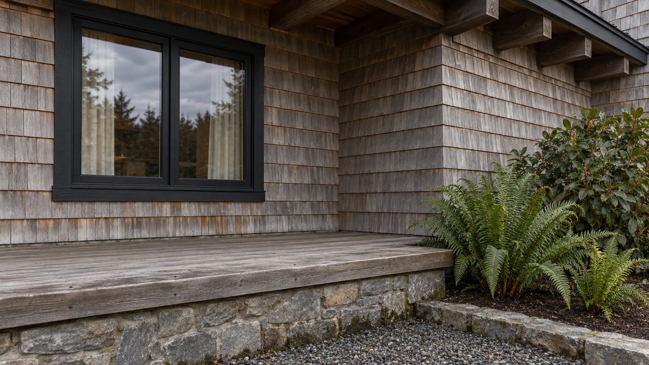 Weathered cedar home with a black-framed window above a raised wooden landing and stone riser, beside sword ferns and salal.