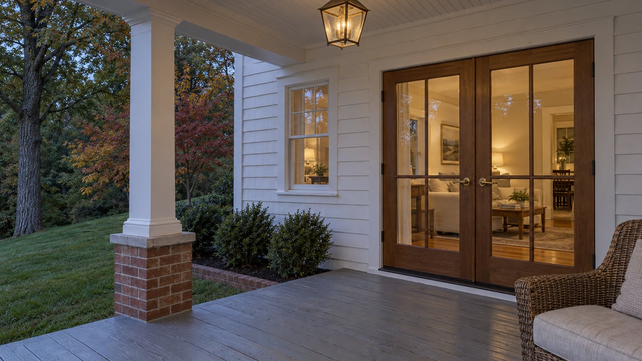 White clapboard home with a sheltered gray-board porch, paired glass doors glowing at dusk, a woven chair and a narrow view of a tree-lined lawn.