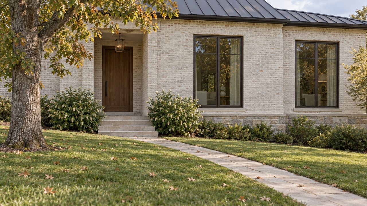 Light-brick home with an oak entry, bronze-framed windows, limestone steps, and a paver walk across the lawn.