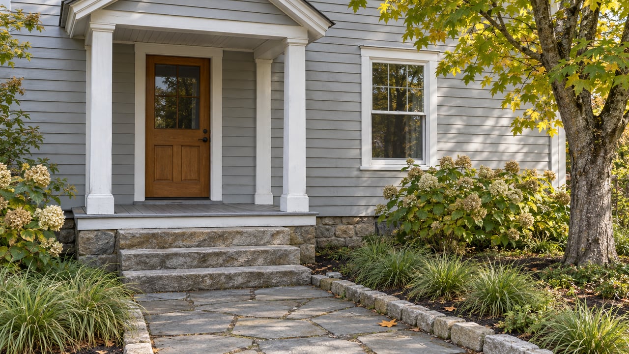 Gray house entrance with a covered porch, stone steps, and an autumn-leafed tree.
