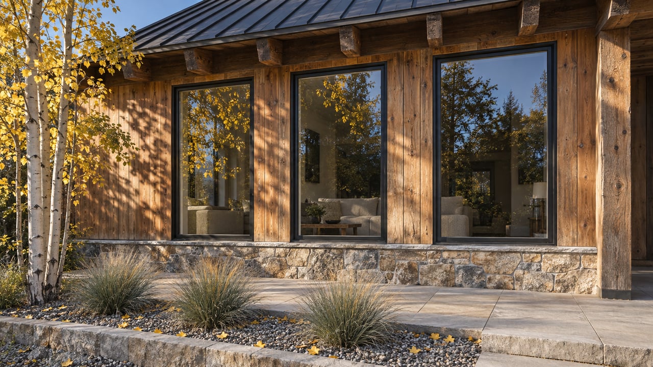 Autumn sunlight across cedar siding, tall windows and a stone terrace beside a yellow-leaved aspen.