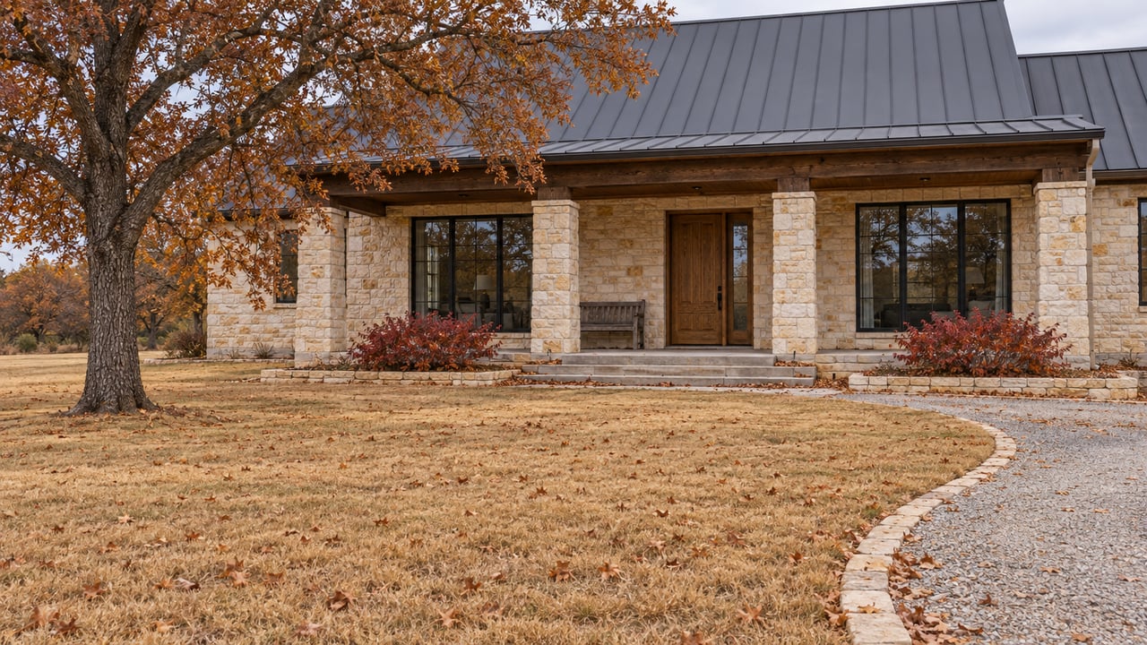 Buff autumn lawn and a russet post oak in front of a limestone home with a timber porch and dark metal roof.