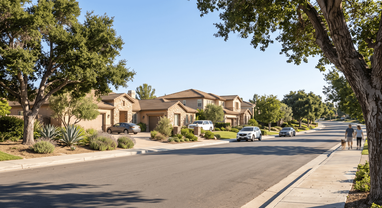 Woodland Hills residential street with tan homes, mature trees, parked cars, and pedestrians walking a dog.