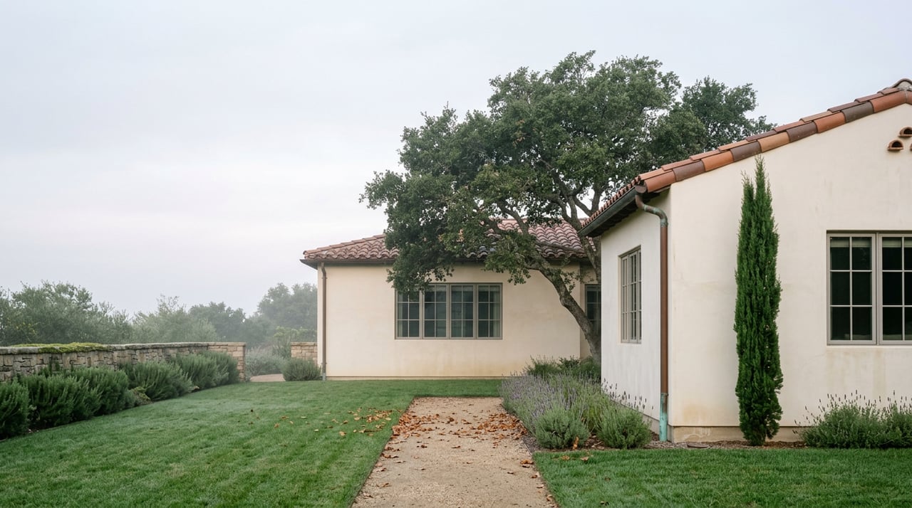 Cream stucco estate with a clay-tile roof, framed by a mature oak, clipped lawn, gravel path, and stone wall.