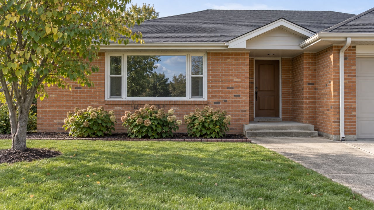 Orange-red brick ranch with a broad picture window, recessed wood entry door, deep front lawn and an early-autumn redbud tree.