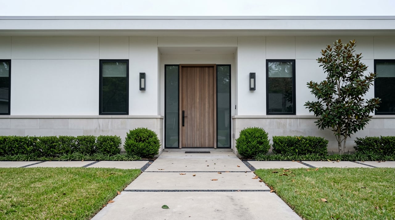 Modern home entry with a slatted walnut door, limestone base, clipped hedges, and concrete stepping pads.